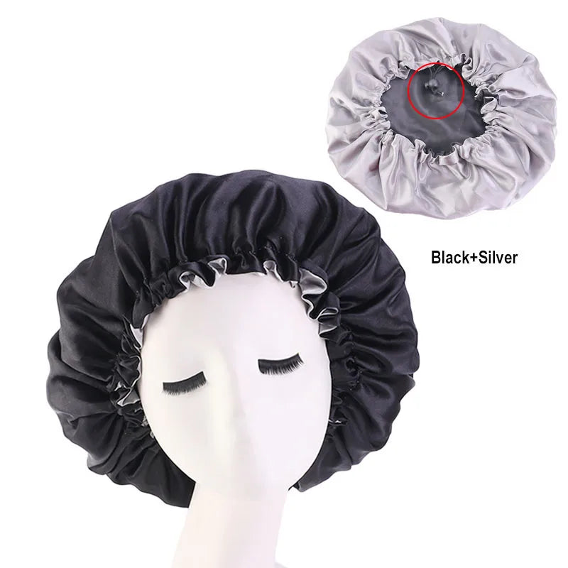 New Women’s Reversible Double Layer Satin Bonnet for Curly Hair – Adjustable Elastic Sleep Cap Night Haircare Hat