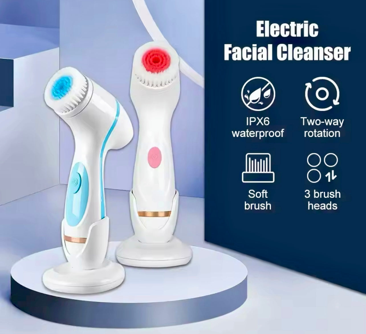 3-in-1 Electric Facial Cleansing Brush Silicone Rotating Exfoliator & Deep Cleanser