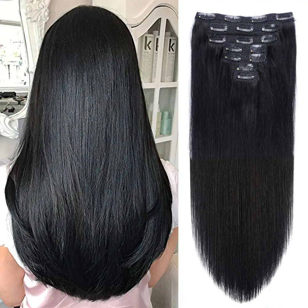 Straight Clip-In Human Hair Extensions – 100% Brazilian Virgin Hair, 8PCS/120g, Natural Black