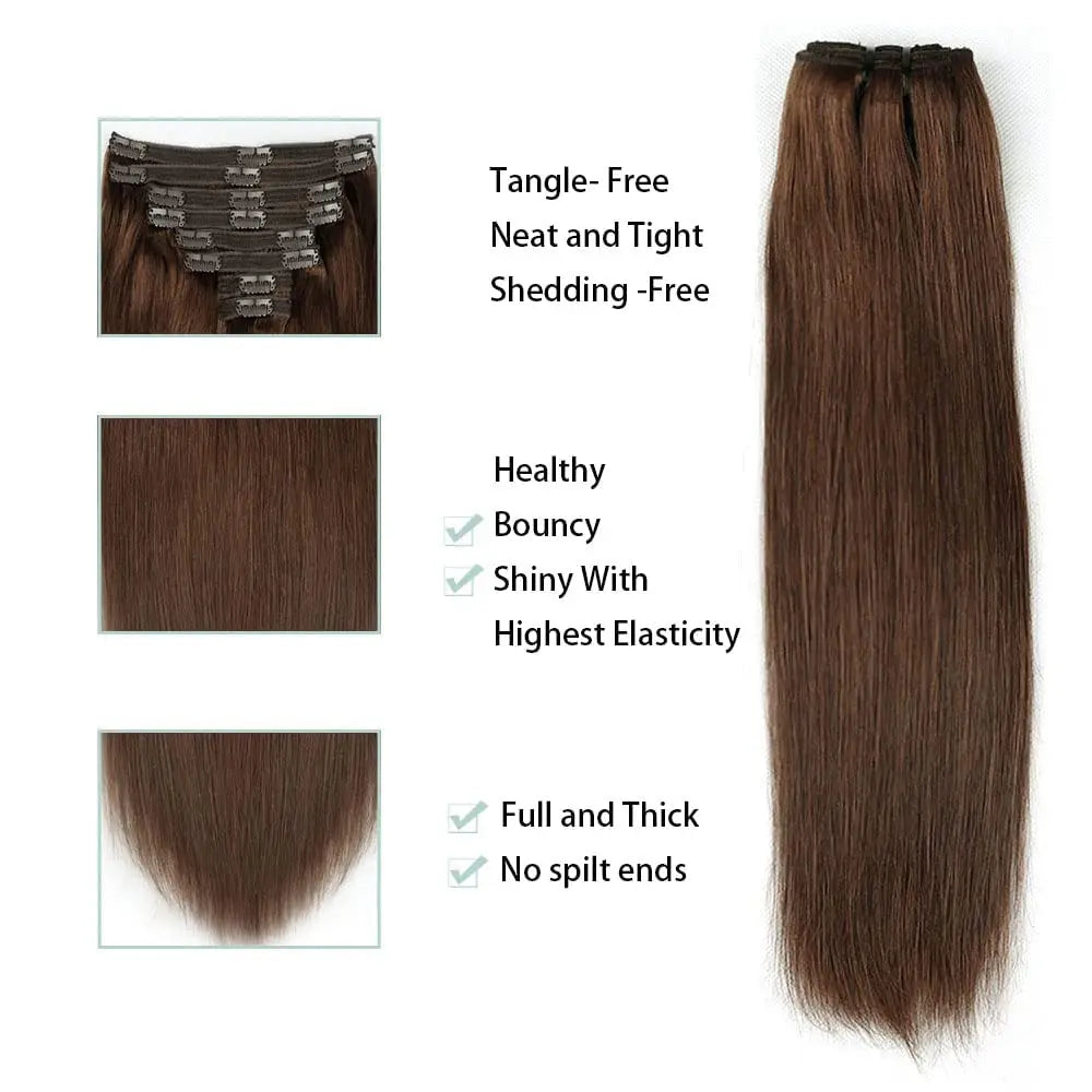 Straight Clip-In Human Hair Extensions – 100% Brazilian Virgin Hair, 8PCS/120g, Natural Black