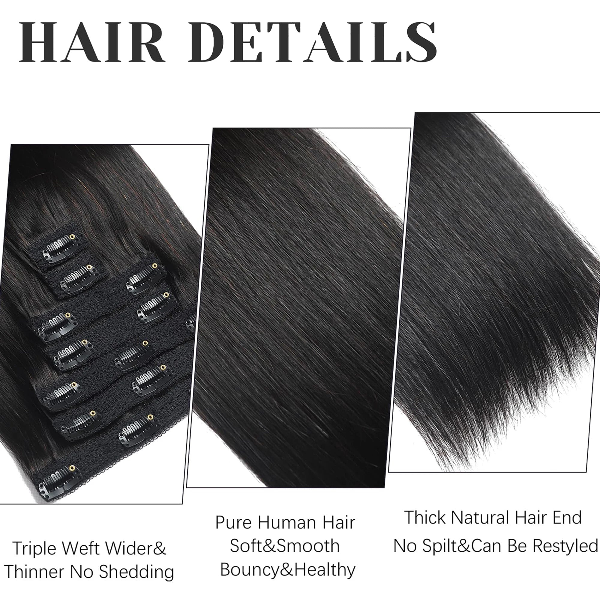 Straight Clip-In Human Hair Extensions – 100% Brazilian Virgin Hair, 8PCS/120g, Natural Black