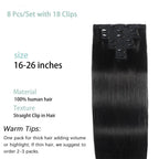 Straight Clip-In Human Hair Extensions – 100% Brazilian Virgin Hair, 8PCS/120g, Natural Black