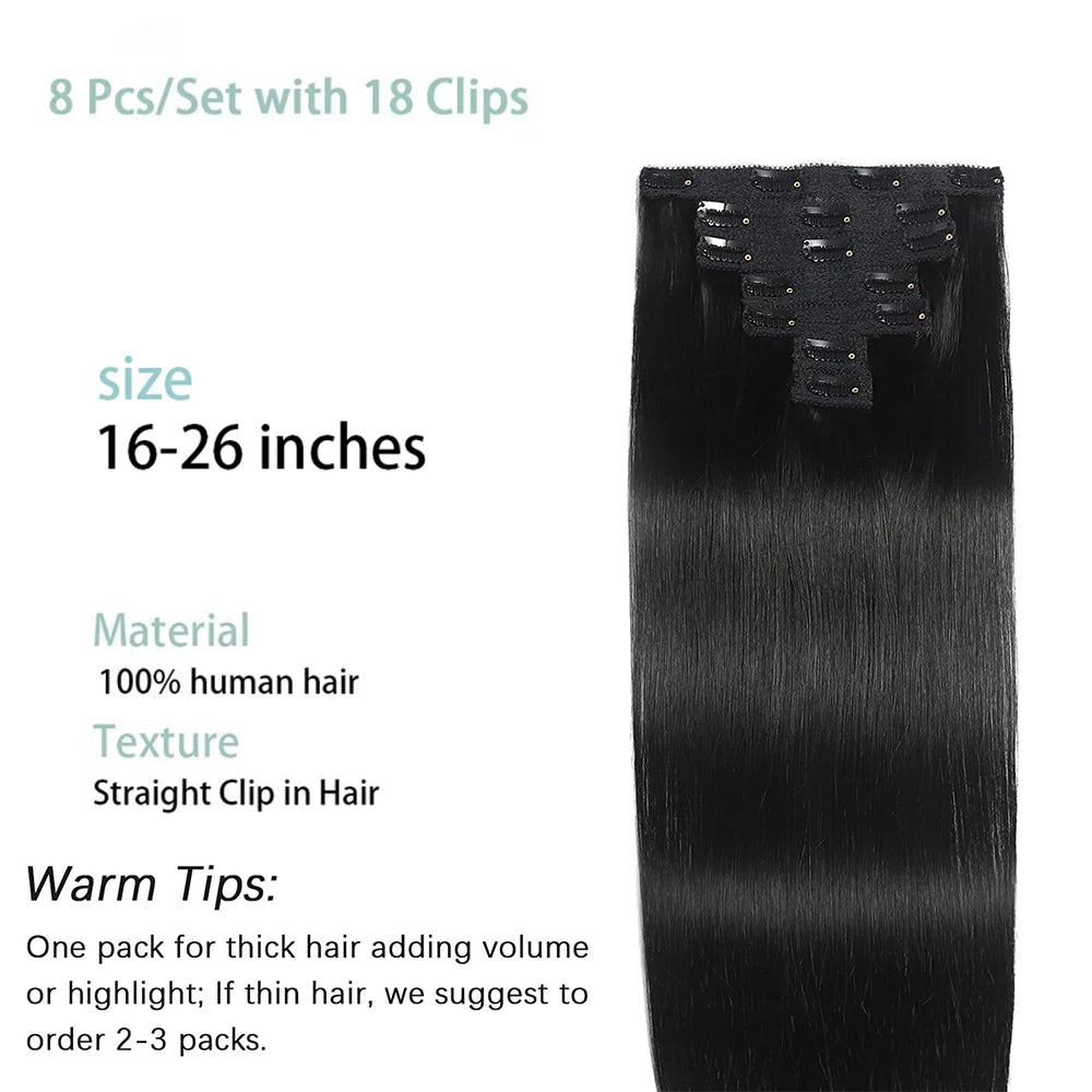 Straight Clip-In Human Hair Extensions – 100% Brazilian Virgin Hair, 8PCS/120g, Natural Black