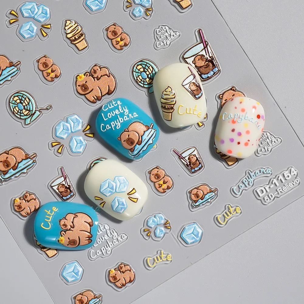 Kawaii Capybara & Spotted Puppy Nail Art Stickers – DIY Manicure Decals