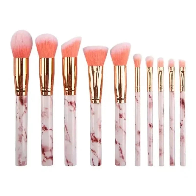 10PCS Marble Makeup Brush Set – Foundation, Blush, Eyeshadow, Eyebrow, Contour, Lip & Face Brushes