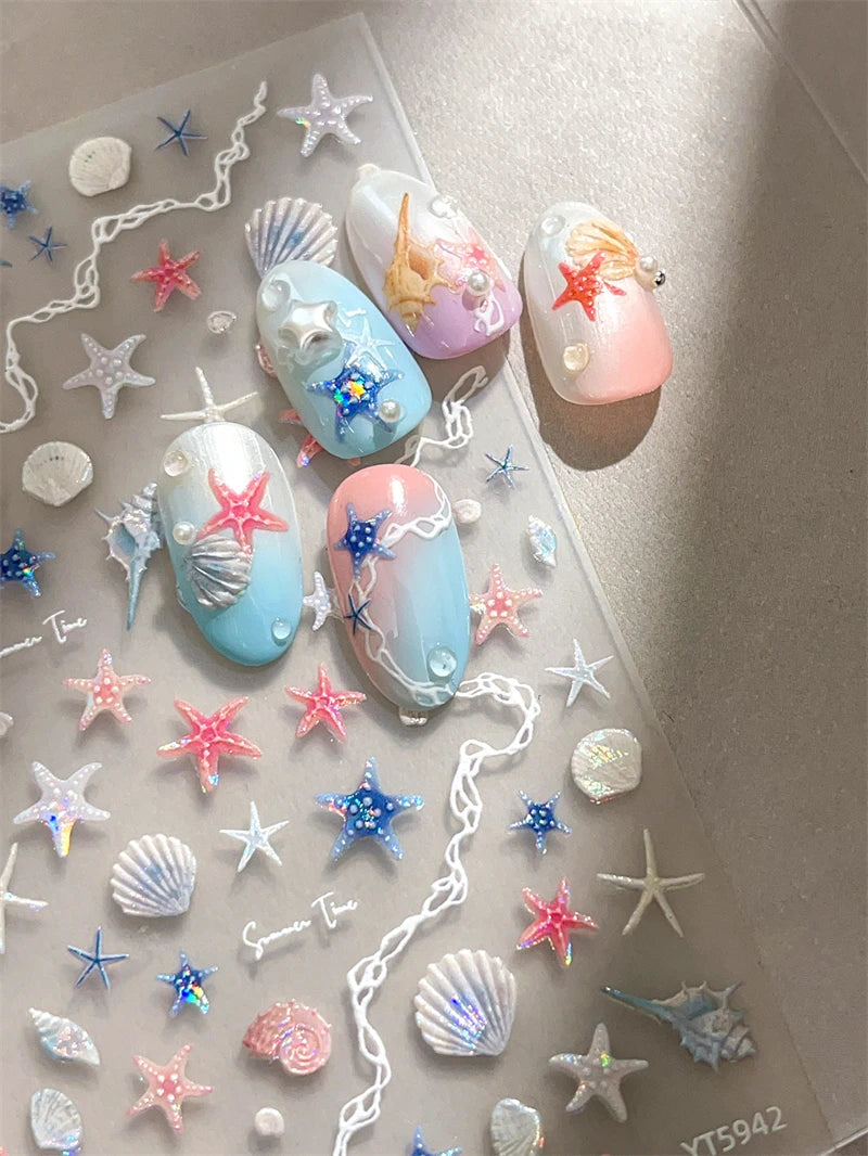 1 Sheet 5D Summer Seashell Nail Stickers – Starfish & Conch Decals