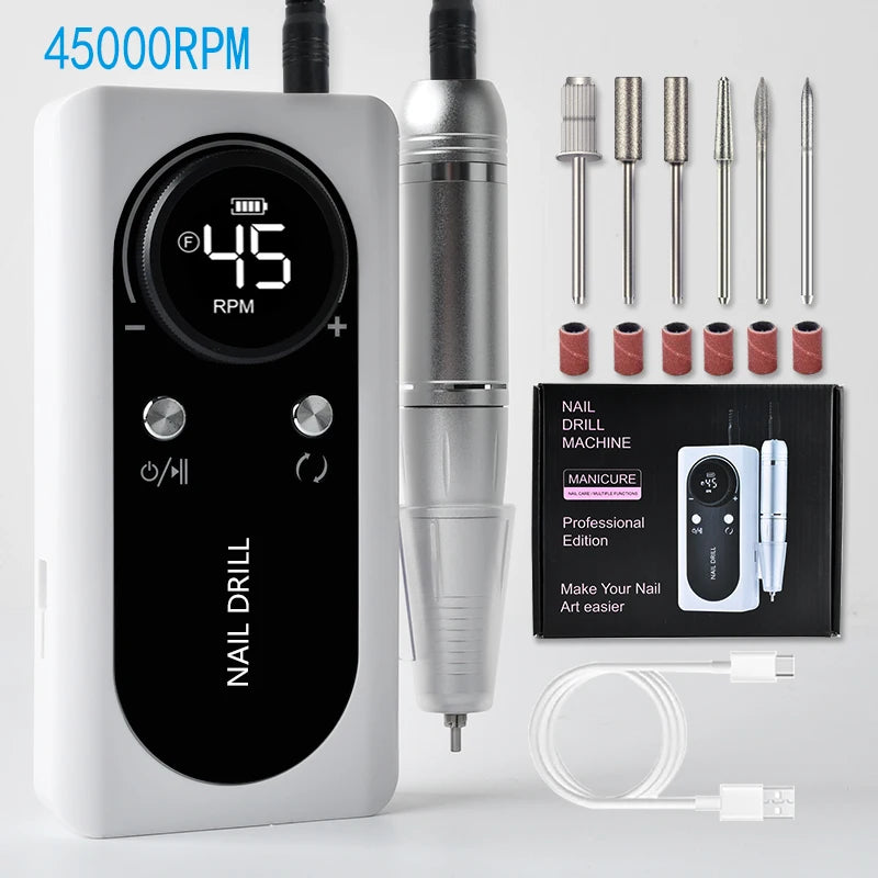 45,000 RPM Rechargeable Electric Nail Drill Machine – Portable Nail File Kit with Nail Mill Cutter Sets & Drill Bits