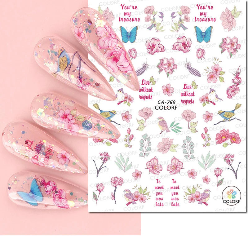3D Butterfly & Flower Nail Art Stickers – Blue & Purple Decals for Manicure