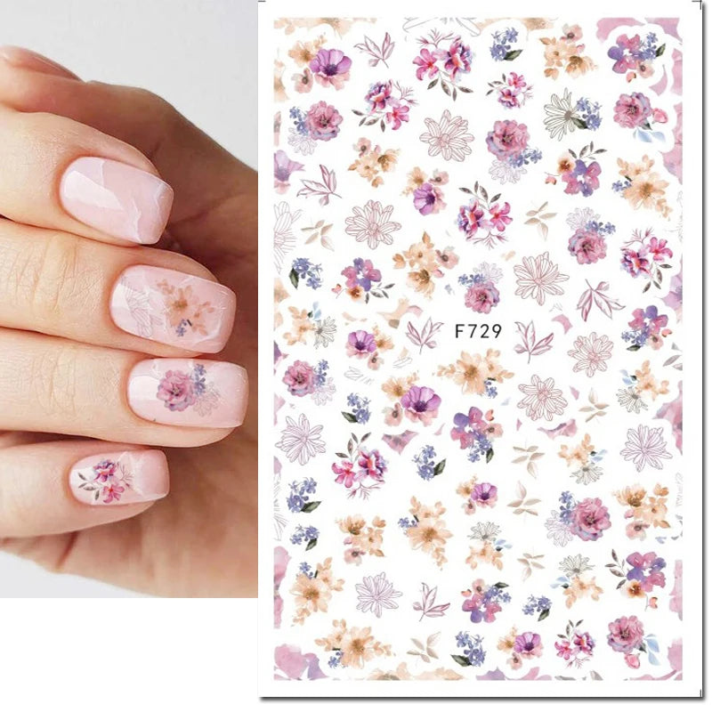 3D Butterfly & Flower Nail Art Stickers – Blue & Purple Decals for Manicure
