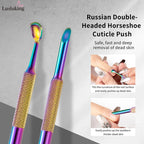 Stainless Steel Horseshoe Cuticle Pusher – Manicure Tool with Self-Adhesive Sandpaper for Gel Polish Removal