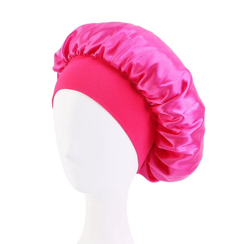 New Women’s Satin Solid Wide-Brimmed Sleeping Hat – Unisex Elastic Head Wrap Bonnet for Hair Care