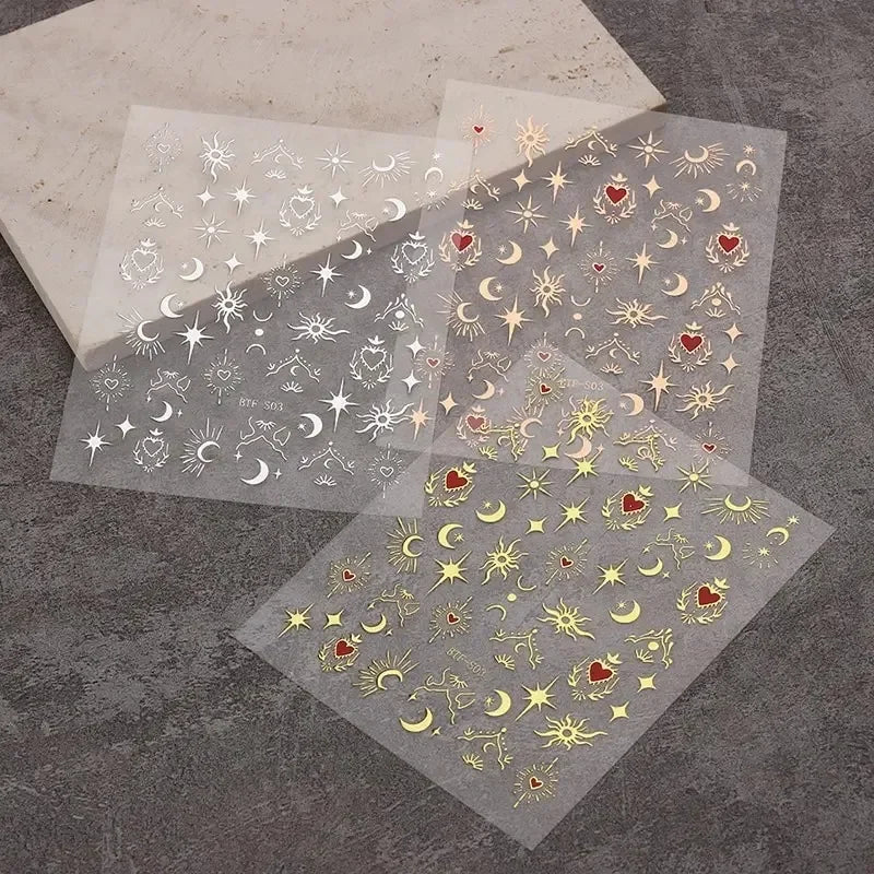 3-Pack 3D Nail Stickers – Gold, Silver & Rose Gold Laser Moon & Butterfly Decals