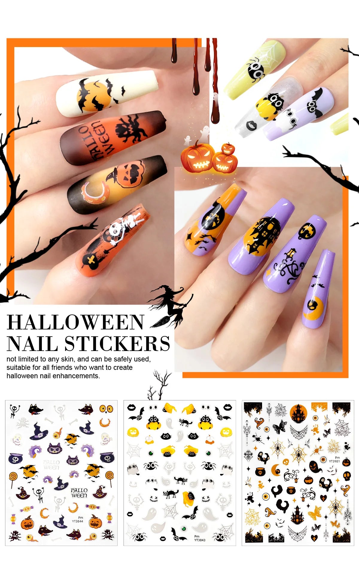3pcs Halloween Nail Stickers – Pumpkin & Bat 3D Decals
