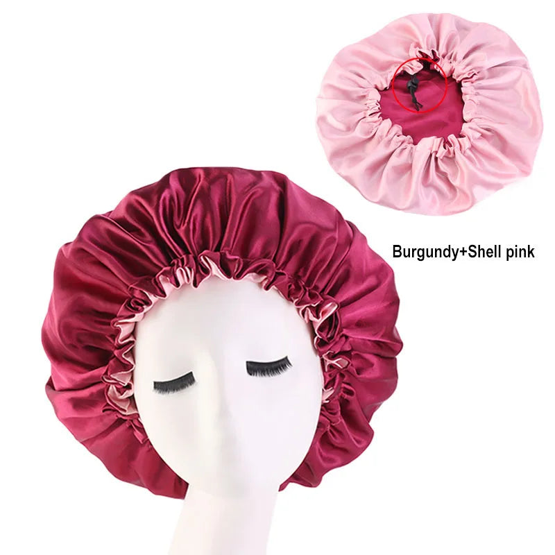 New Women’s Reversible Double Layer Satin Bonnet for Curly Hair – Adjustable Elastic Sleep Cap Night Haircare Hat