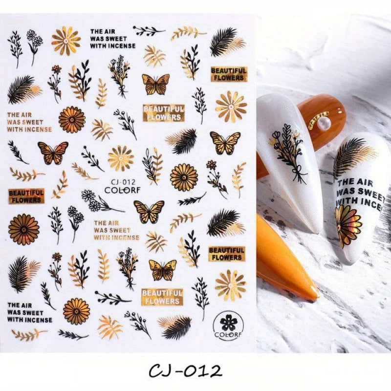 Black & Bronze Nail Art Stickers – Animal, Plant & Love English Designs