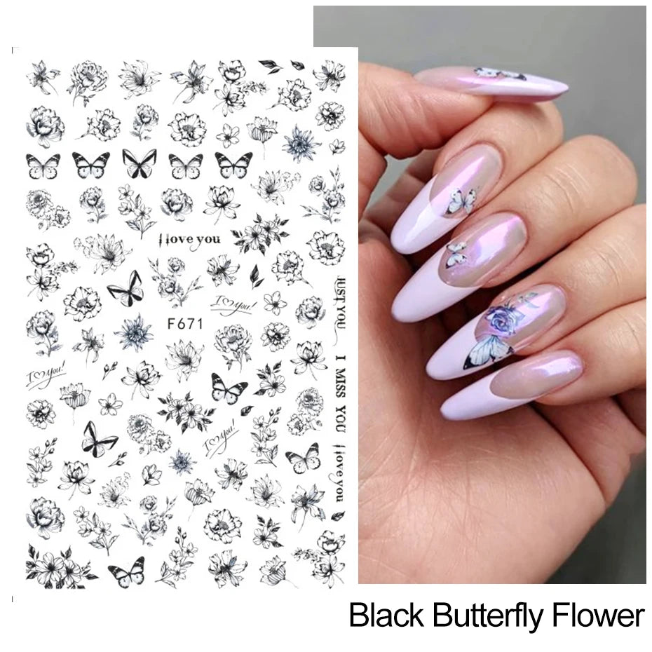 3D Butterfly & Flower Nail Art Stickers – Blue & Purple Decals for Manicure
