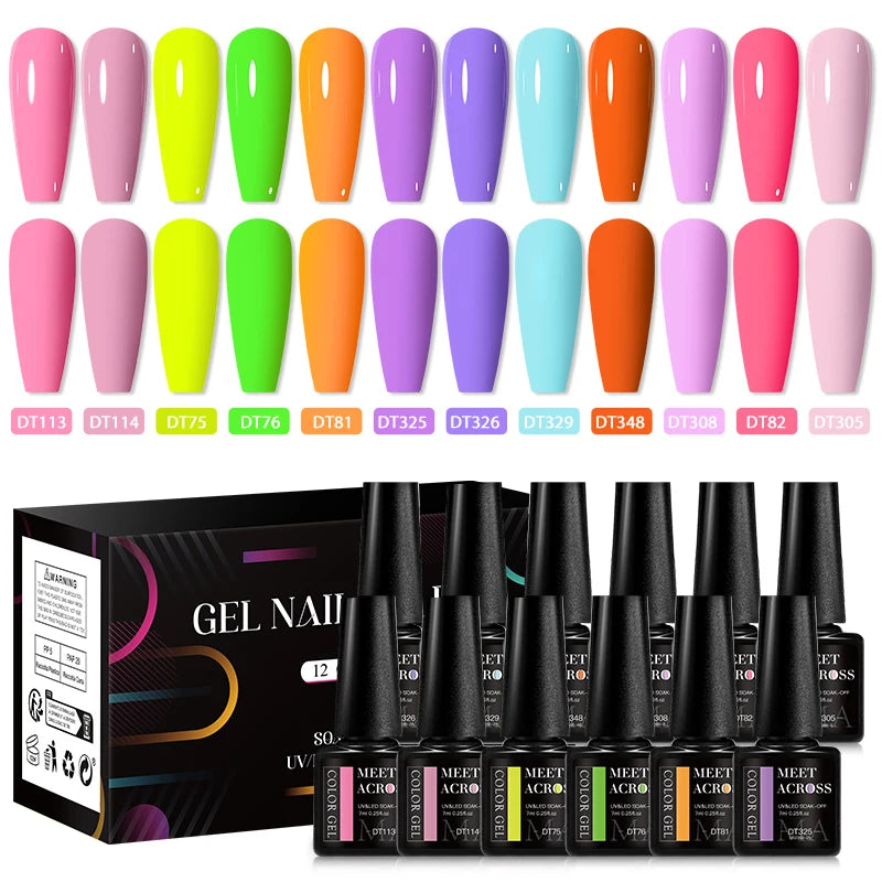 MEET ACROSS 12pcs Macaron Gel Nail Polish Set – UV Soak Off Manicure Kit