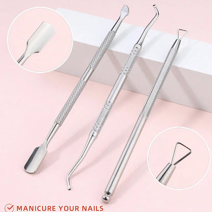 3pcs Stainless Steel Cuticle Pusher & Remover Set – Includes Cuticle Trimmer, Dead Skin Pusher & Gel Polish Remover Tool