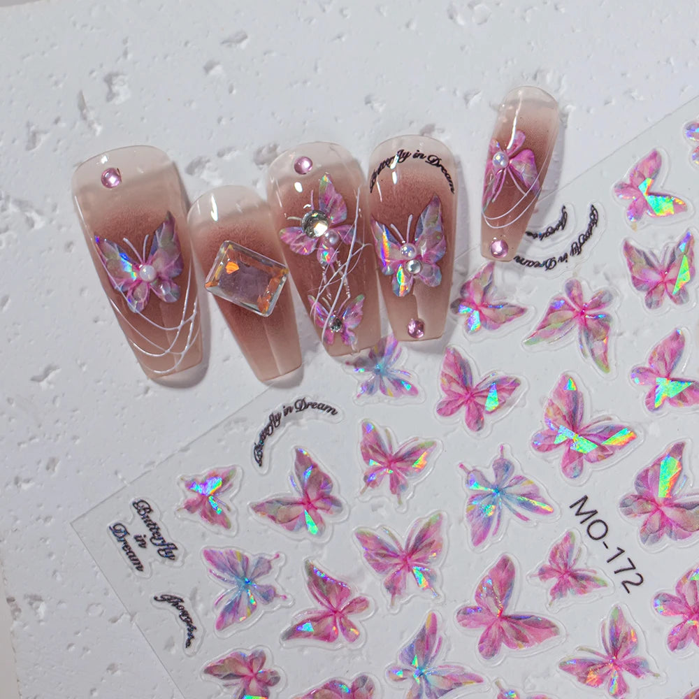 3D Aurora Shell Butterfly Nail Sticker – Pink & Purple, 8×10 cm