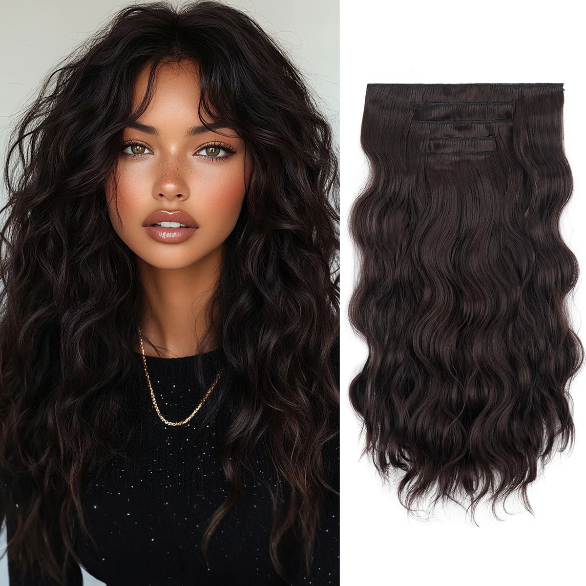 20" Curly Synthetic Hair Extensions – 5PCS Heat-Resistant Black Hairpieces