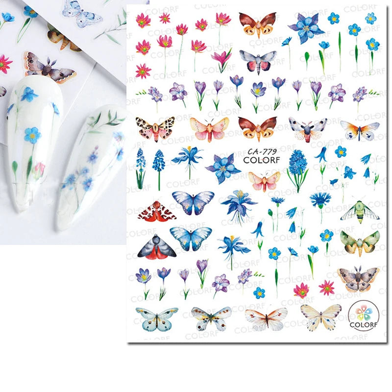 3D Butterfly & Flower Nail Art Stickers – Blue & Purple Decals for Manicure