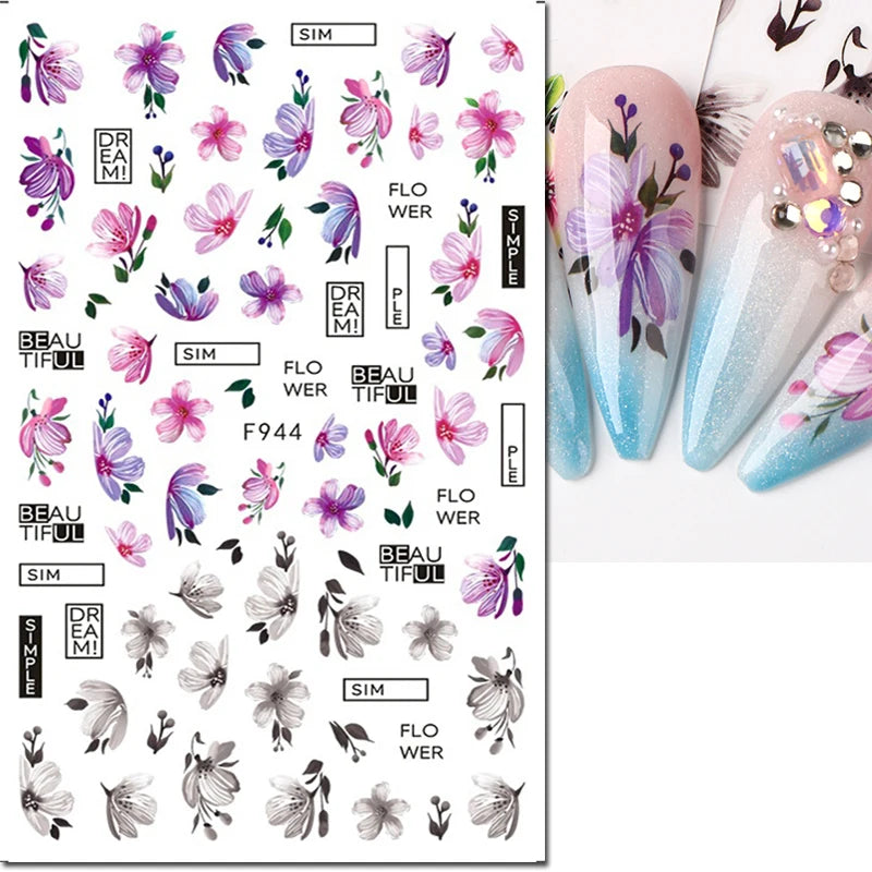 3D Butterfly & Flower Nail Art Stickers – Blue & Purple Decals for Manicure