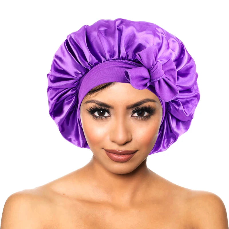 New Women’s Satin Sleeping Bonnet with Tie Bands – Adjustable Silky Cap for Curly Hair & Shower Use