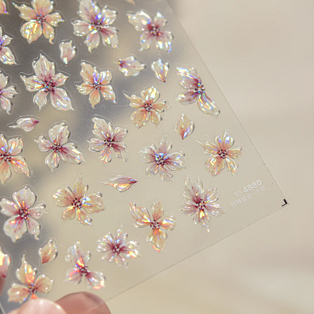 Cherry Blossom Gradient Nail Art Stickers – Laser Pink Flower Adhesive Decals