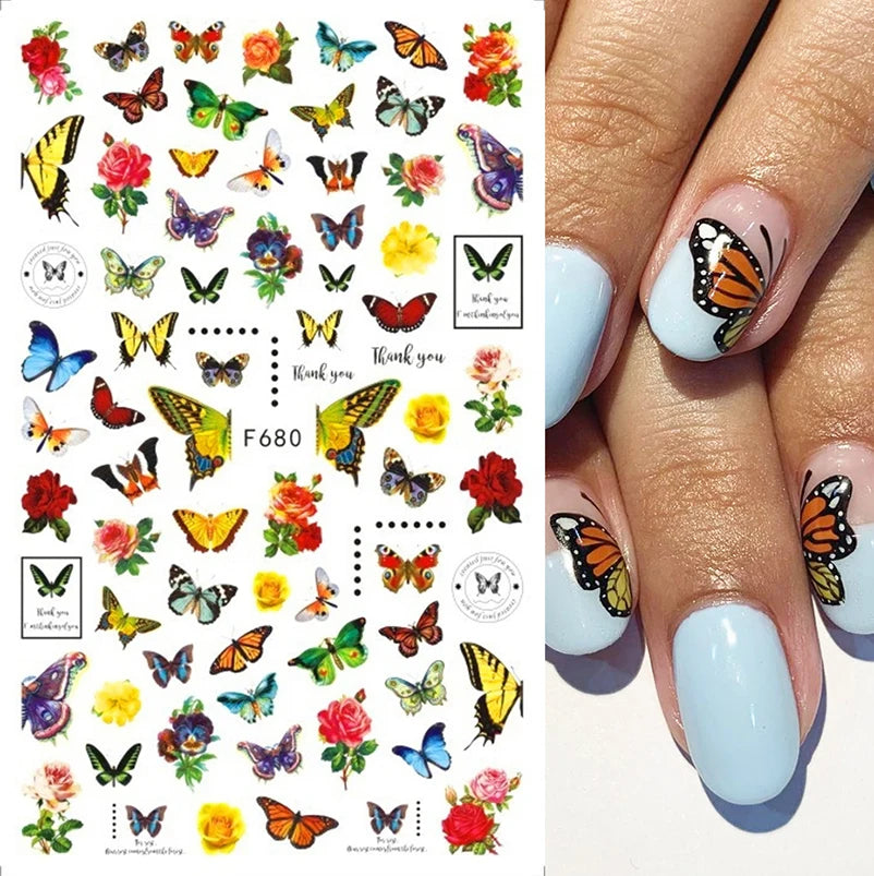 3D Butterfly & Flower Nail Art Stickers – Blue & Purple Decals for Manicure