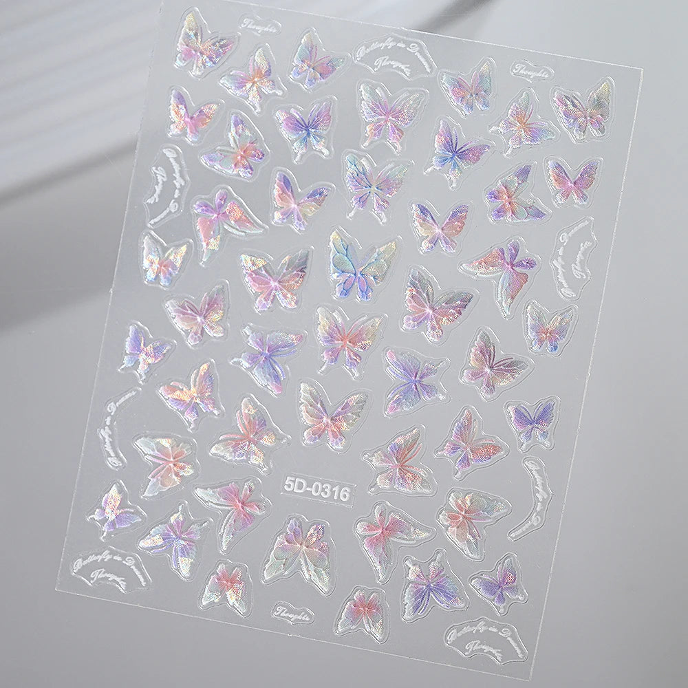 3D Aurora Shell Butterfly Nail Sticker – Pink & Purple, 8×10 cm