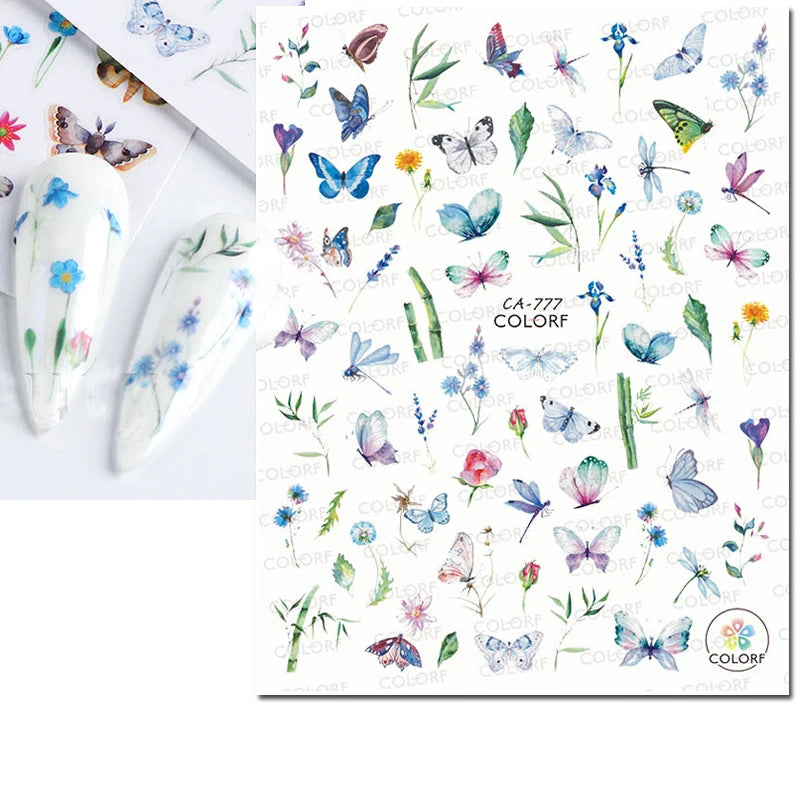 3D Butterfly & Flower Nail Art Stickers – Blue & Purple Decals for Manicure