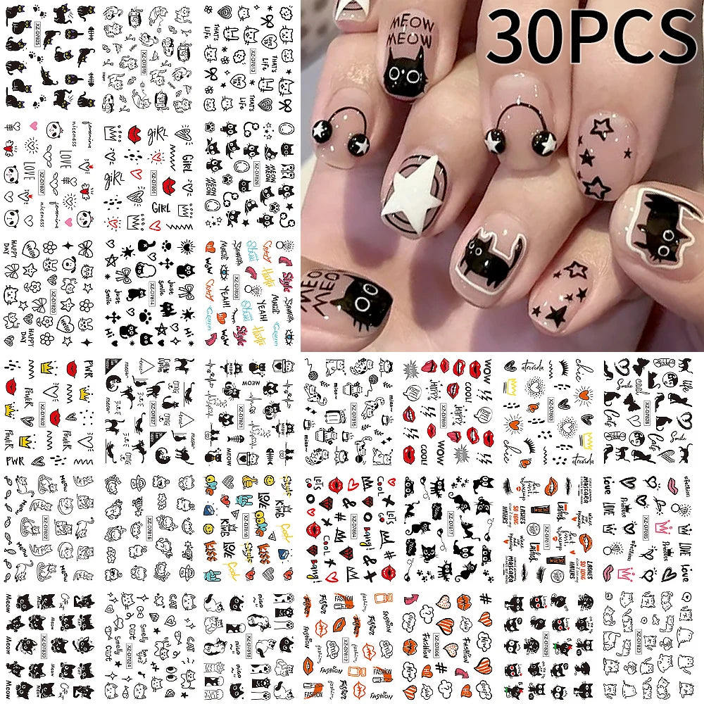 30pcs Cartoon Animal Nail Stickers – Cat & Dog Graffiti Decals