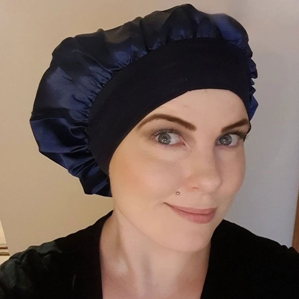 Adjustable Solid Satin Bonnet – Long Hair Care Sleep Hat for Women, Silk Head Wrap & Shower Cap