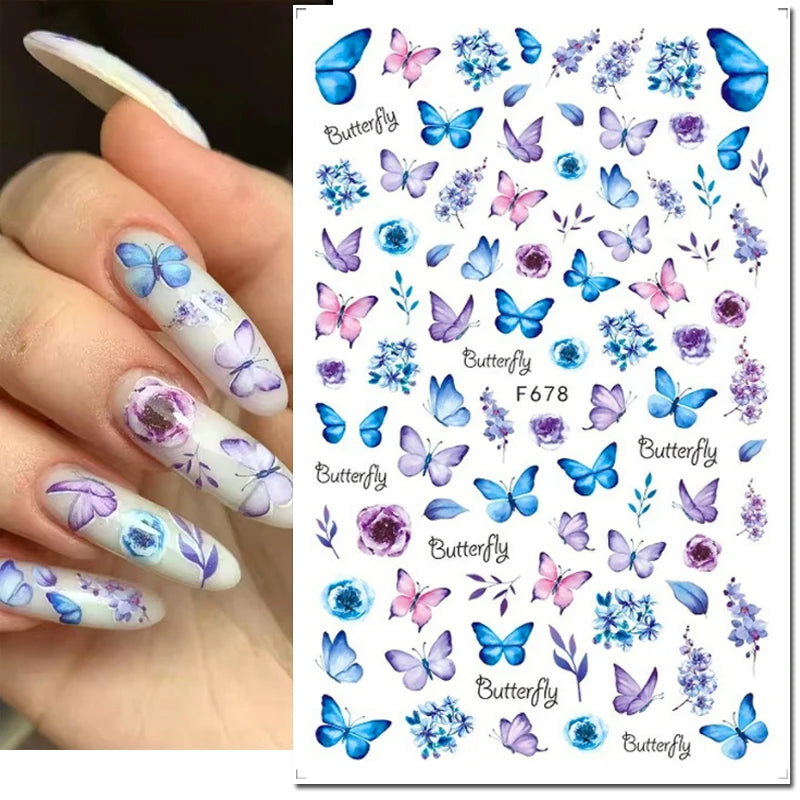 3D Butterfly & Flower Nail Art Stickers – Blue & Purple Decals for Manicure