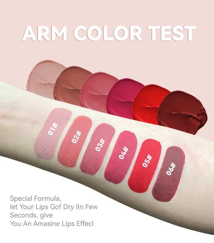 MLSMILE 6-Color Velvet Matte Lip Glaze – Waterproof, Long-Lasting, Non-Stick Lip Tint