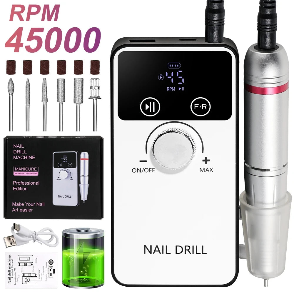 45,000RPM Professional Rechargeable Electric Nail Drill – Portable Nail File & Manicure Tool for Gel Polish