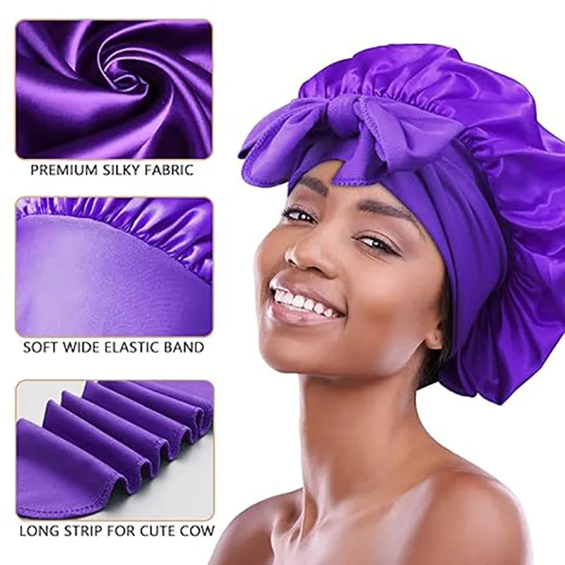 New Women’s Satin Sleeping Bonnet with Tie Bands – Adjustable Silky Cap for Curly Hair & Shower Use