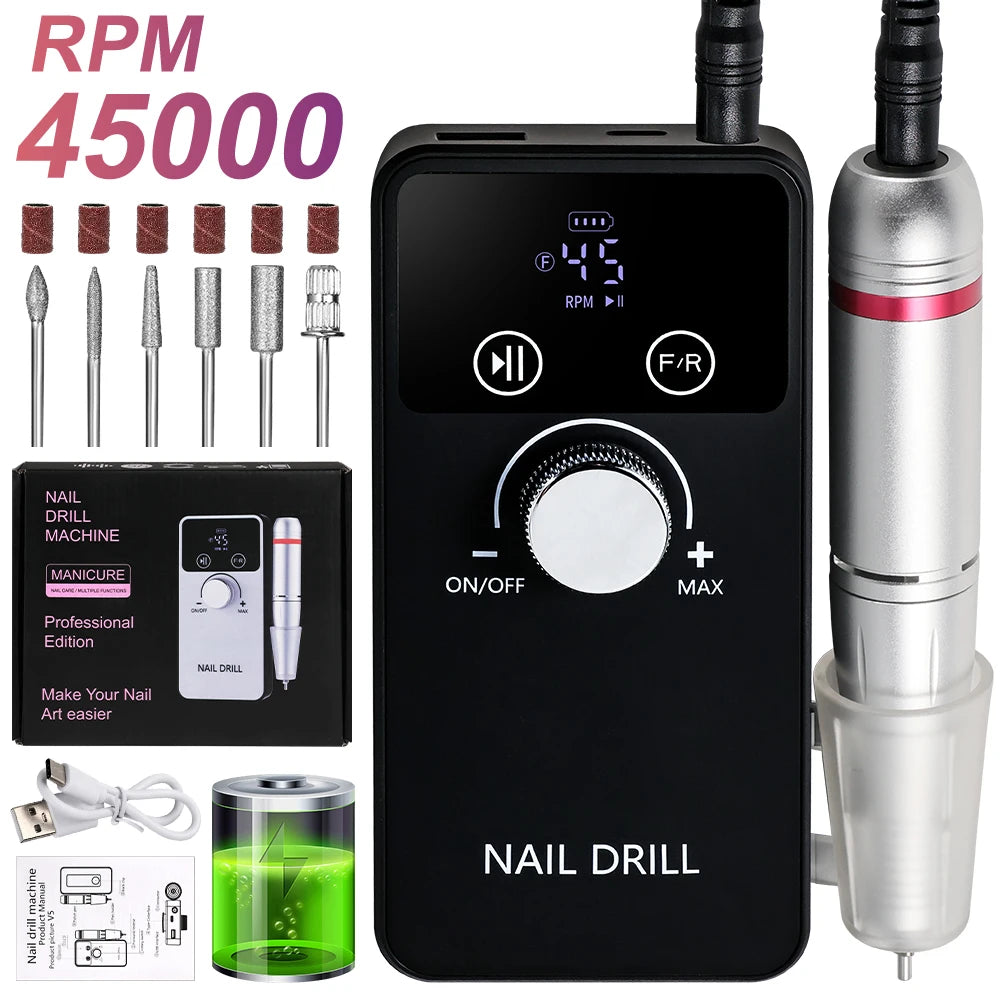 45,000RPM Professional Rechargeable Electric Nail Drill – Portable Nail File & Manicure Tool for Gel Polish
