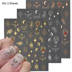 3-Pack 3D Nail Stickers – Gold, Silver & Rose Gold Laser Moon & Butterfly Decals