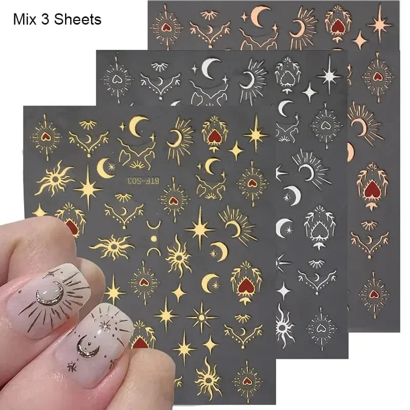 3-Pack 3D Nail Stickers – Gold, Silver & Rose Gold Laser Moon & Butterfly Decals