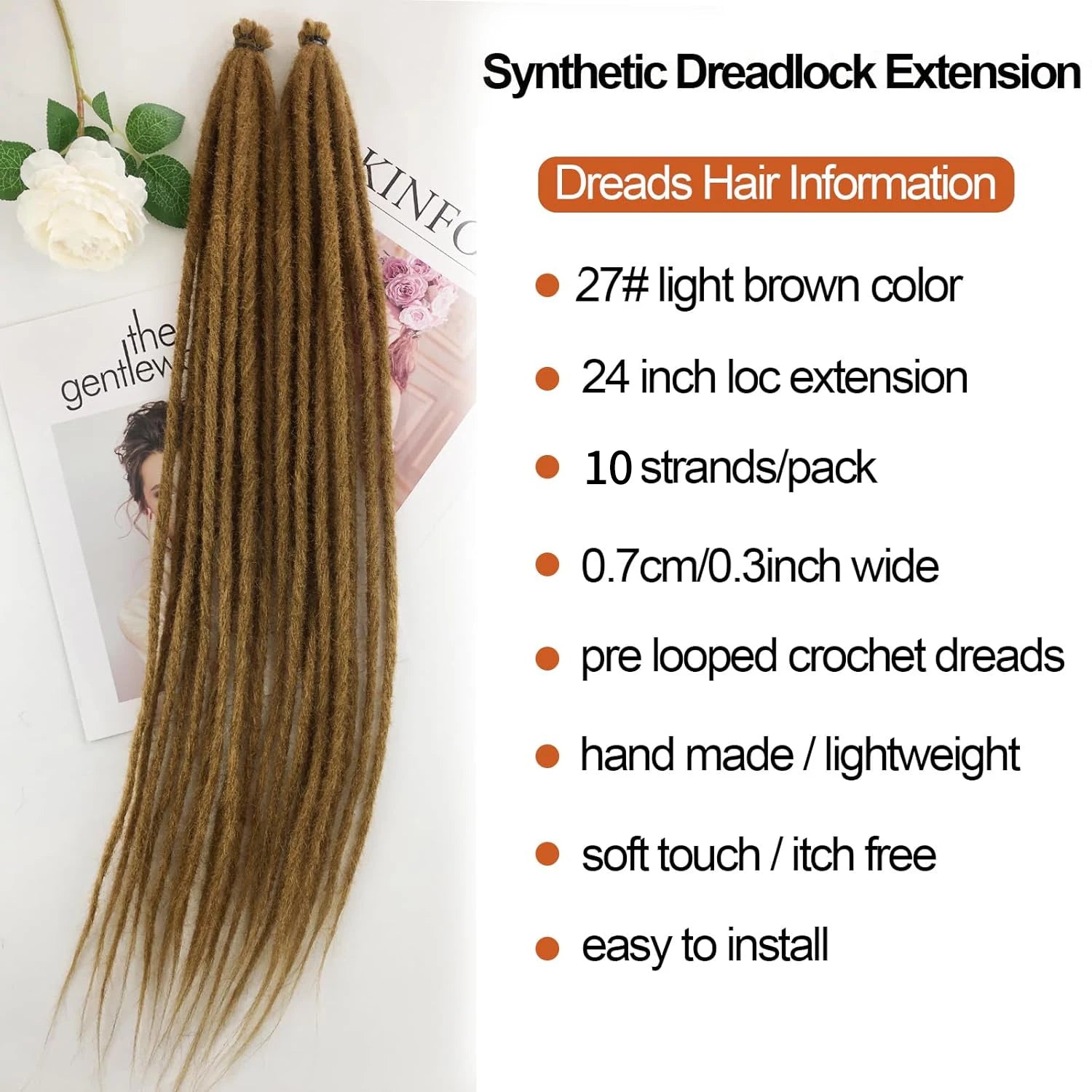 24" Handmade Synthetic Dreadlock Extensions – 10 Roots/Pack