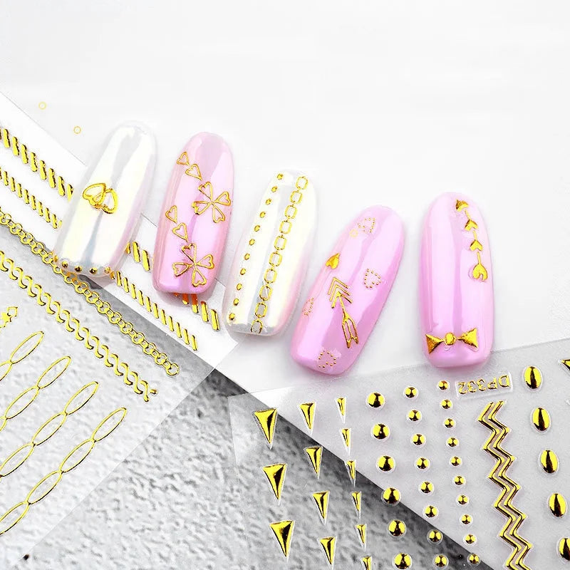 3D Gold Metal Nail Stickers – Chain & Zipper Decals for Women
