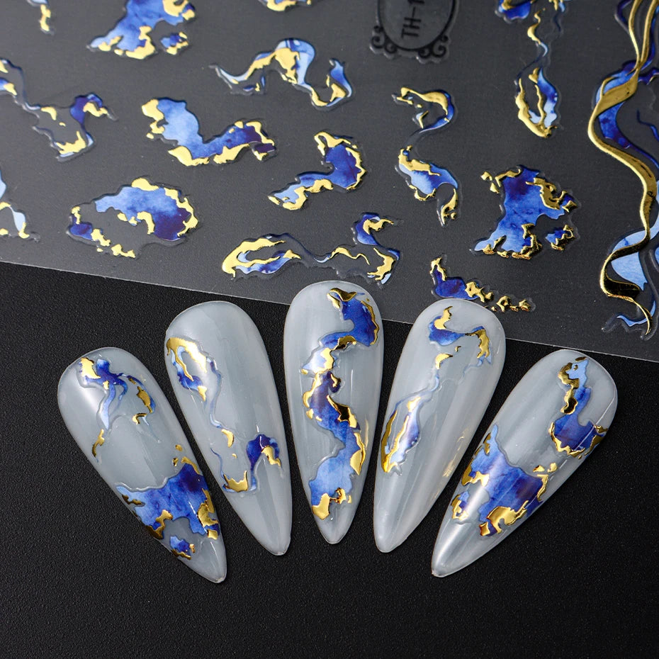 Holographic Purple & Blue Nail Art Stickers – Gold Ink Decals for DIY Manicure