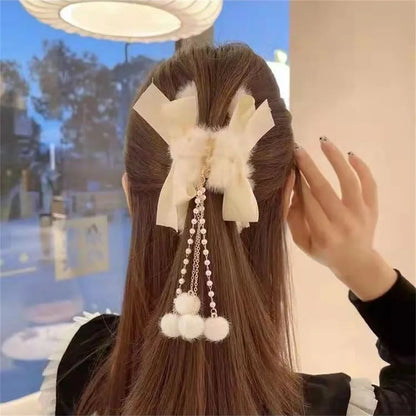 Furry Big Bow Hair Claw Clip – Pearl Tassel Banana Jaw Clip for Women & Girls
