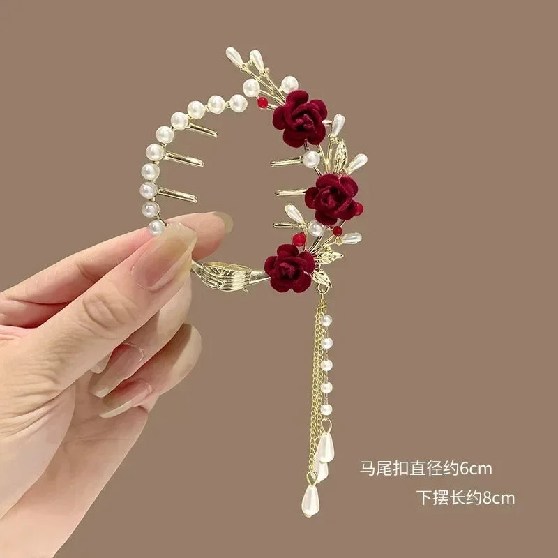 Elegant Butterfly Ponytail Hair Clip – Blue & Red Hairpin with Pearl Tassel for Women