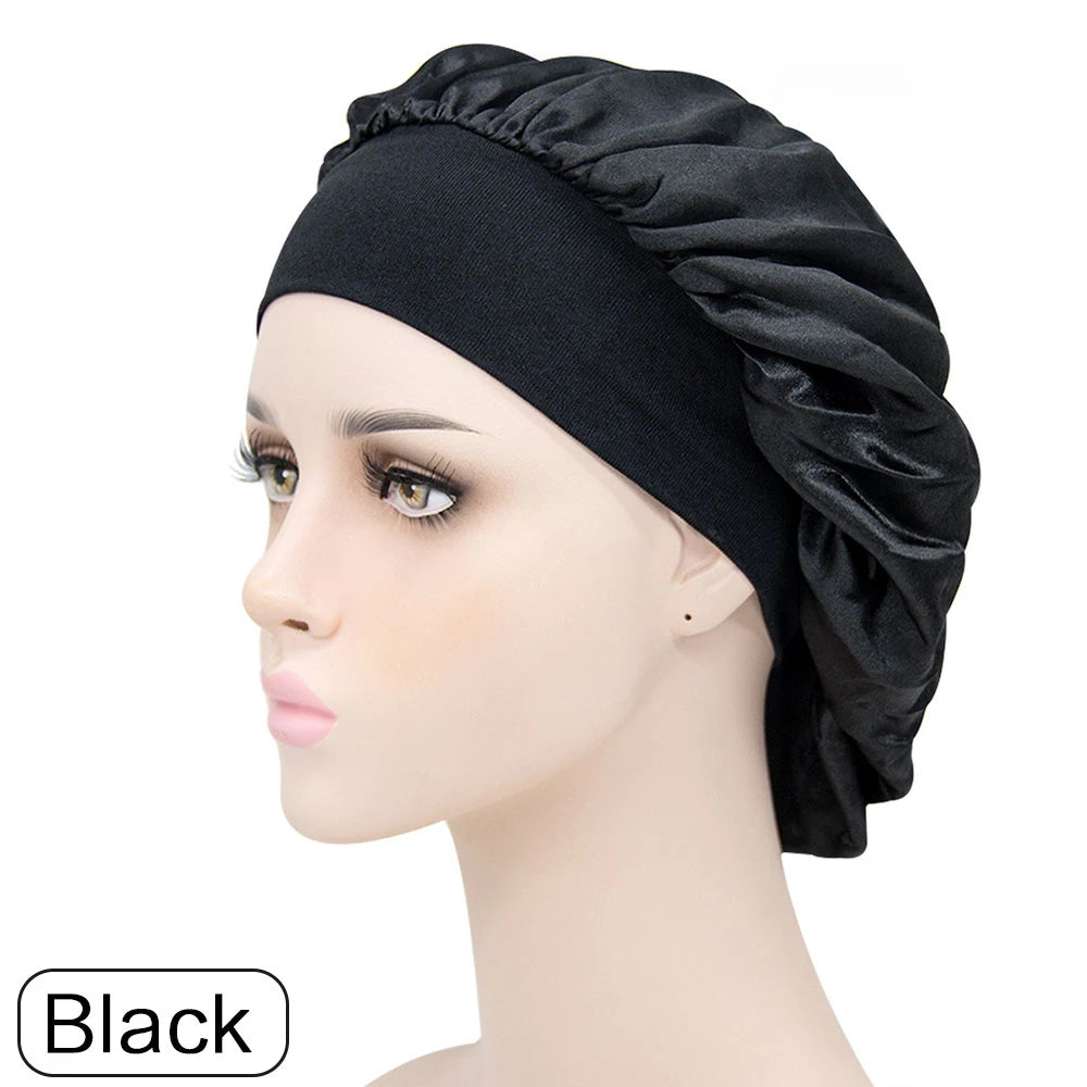 Adjustable Solid Satin Bonnet – Long Hair Care Sleep Hat for Women, Silk Head Wrap & Shower Cap