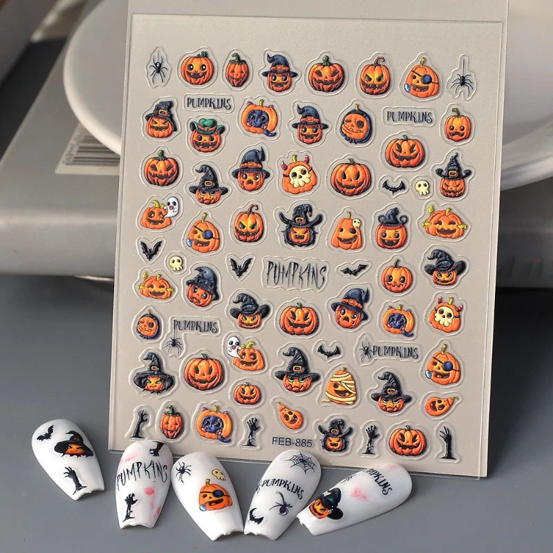 3D Halloween Nail Stickers – Laser Ghost, Spider & Pumpkin Decals
