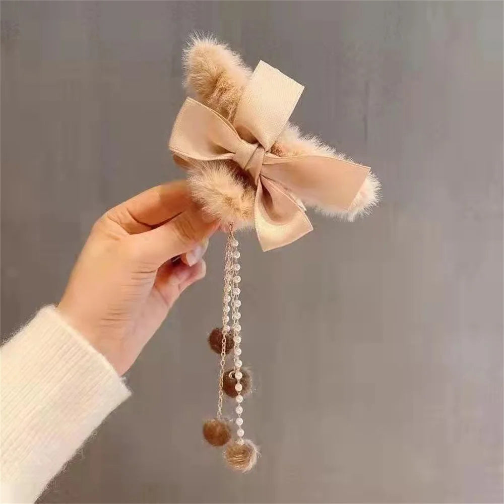 Furry Big Bow Hair Claw Clip – Pearl Tassel Banana Jaw Clip for Women & Girls