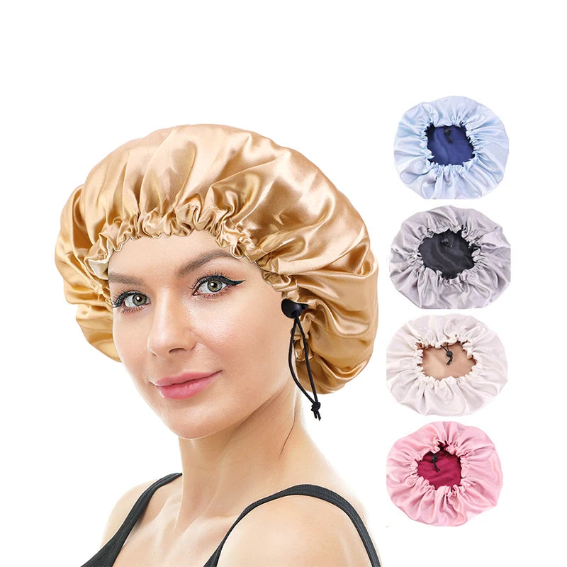 New Women’s Reversible Double Layer Satin Bonnet for Curly Hair – Adjustable Elastic Sleep Cap Night Haircare Hat
