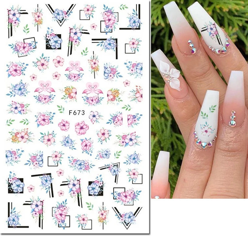 3D Butterfly & Flower Nail Art Stickers – Blue & Purple Decals for Manicure